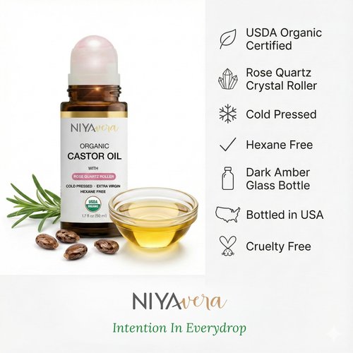 NIYAVERA Organic Castor Oil Roll on with Rose Quartz For Face and Body - Cold Pressed Hexane Free Glass Bottle Unrefined 1.7 oz