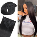 Real Human Hair Clip in Hair Extensions ailiceehr 16inch Clips in Human Hair Extension Striaght 8Pcs Double Weft Thick and Soft Natural Black 90g.