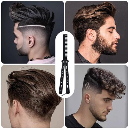 2 Pieces Automatic Switch Folding Practice Combs, Stainless Steel Butterfly Comb, Switchblades Comb, Outdoor Training Pocket Combs, Hair Brush for Beard, Mustache, Hair Styling Tools