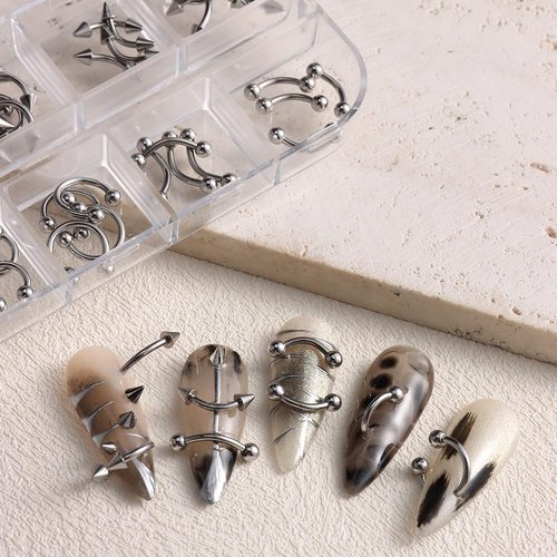 3D Punk Alloy Nail Art Dangle Charms with Piercing Tool Hand Drill, Silver Cone Spike Studs Hanging Rings Metallic Nail Jewelry Rivets Pierced Art Supplies for Tips, Acrylic, Gels Decorations