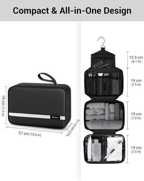 Maliton Toiletry Bag - Waterproof Travel Organizer for Men & Women | Large Hanging Design, 4 Compartments (Black)