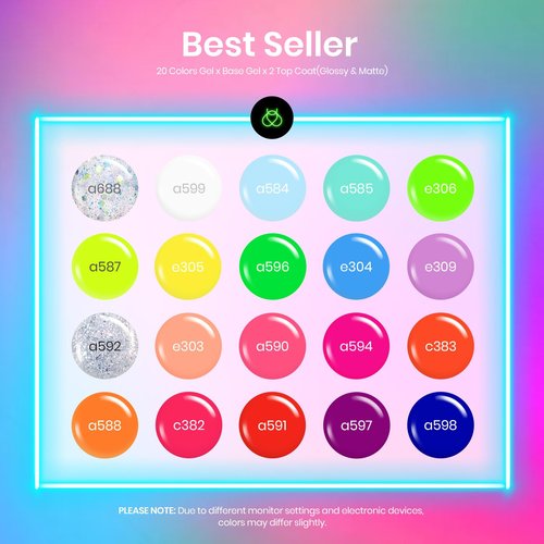 Beetles Gel Nail Polish Set - 20 Colors Rainbow Neon Gel Polish Kit with 3Pcs Base Top Coat Hot Pink Orange Blue Lemon Green Glitter Spring Colors Soak Off UV Manicure Easter Gift for Women
