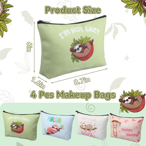 SilTriangle 4 Pack Sloth Cosmetic Bags for Girls Women Sloth Lovers Canvas Cute Makeup Bags with Zipper Travel Toiletry Organizer Pouch for Backpack Luggage Gifts for Birthday Party Favors
