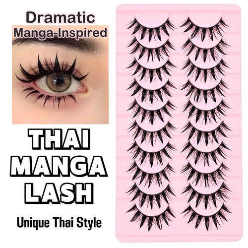 AUGENLI 10 Pairs Manga Lashes Natural Look Wispy Clusters 16mm Spiky Style Japanese Anime Cosplay Cat Eye Lashes Extension Makeup Faux Mink False Eyelashes (A0)
