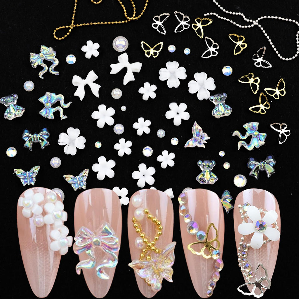 VOTACOS Flatback Nail Art Pearls and Rhinstones - Flower Bow Charms with Gel Glue - Gold, Silver, Butterfly Colors - Women's Acrylic Nail Decorations