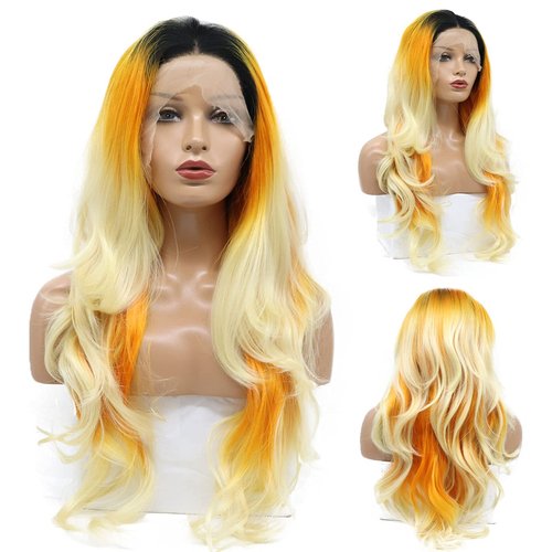 karissa Hair Orange Blonde Lace Front Wigs Black Women Long Orange Yellow Wavy Mermaid Ombre Rainbow Colorful Wigs Natural Hairliner Heat Friendly Party Holiday 24”, Ombre Orange Blonde