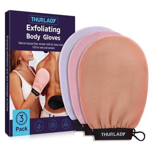 THURLADY Exfoliating Glove, Korean Exfoliating Mitt Body Scrubber Exfoliator, 3 Pack Viscose Fiber Bath Shower Scrub Gloves, Dead Skin Remover for Body, Smoother Skin and Self-Tan Removal & Prep