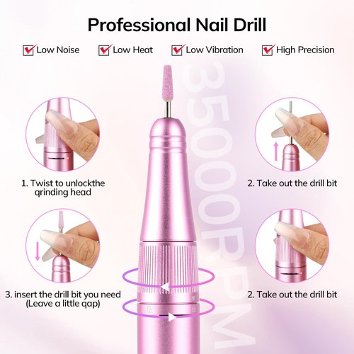 Lavinda Nail Drill 35000 RPM, Cordless Rechargeable Electric Nail File Machine, Professional Efile for Acrylic Nails, Gel Polish, Cuticle Removal, Home and Salon (Pink)