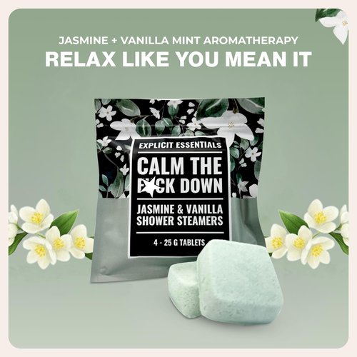 Explicit Essentials Calm The F Down Shower Steamers | Jasmine Vanilla Aromatherapy Shower Steamers for Relaxation & Stress Relief | Spa Shower Gift for Self-Care, Birthdays & Holidays