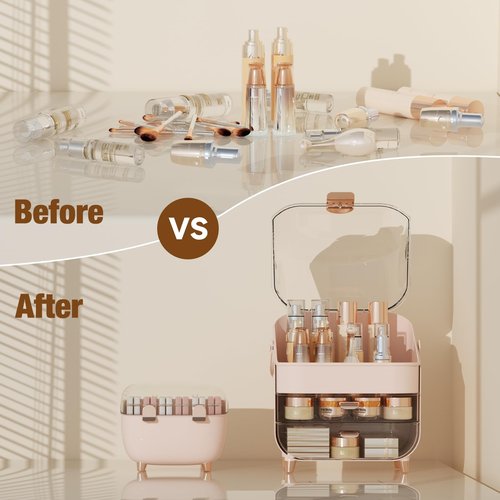 CLBDRESS Makeup Organizer for Vanity with perfume Storage Box, Countertop Skincare Organizer with 2 Drawers, Cosmetic Display Case for Perfumes, Eyeshadow Palettes, Nail Polishes, Pink