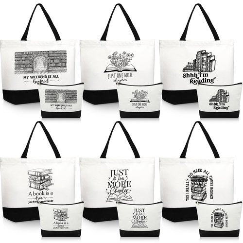 Locmeo 12 Pcs Book Lovers Gifts Book Club Tote Bag Reading Quote Makeup Reusable Cosmetic Bag with Metal Zipper Bookish Librarian Appreciation Gifts for Women Bookworm Teacher Student