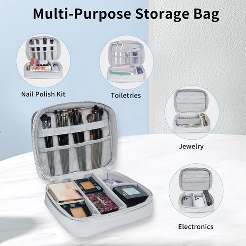 Cuteseason Puffy Quilted Silver Makeup Bag for Women, Large Waterproof Cosmetic Bag with Compartments, Travel Toiletry Organizer Pouch(Black, L)