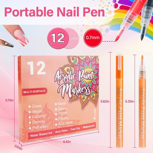 LKE 12 Colors Nail Art Pens Set, 0.7 MM Nail Art Markers for Drawing, Dotting & Liner, Quick Dry Acrylic Paint Pen for Nail Design, Home Salon Manicure DIY Tools (12 Colors Set)