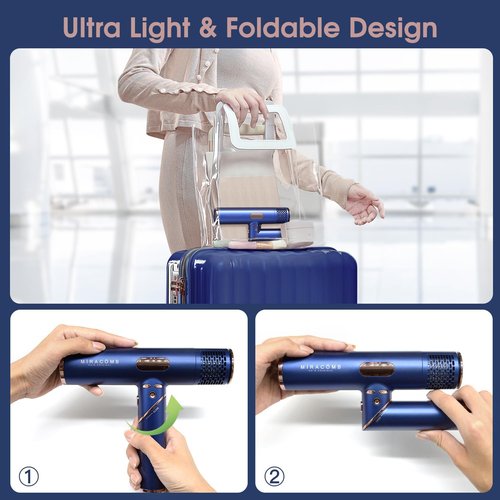 MIRACOMB Foldable Travel Hair Dryer - Powerful Ionic Blow Dryer with Brushless Motor | Lightweight & Portable