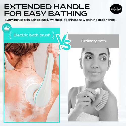 Color You Electric Body Brush for Exfoliating and Massage, Long Handle Electric Bath Brush Rechargeable Body Scrubber, Soft Silicone Spinning Skin Brush with 4 Spin Brush Heads for Man and Women