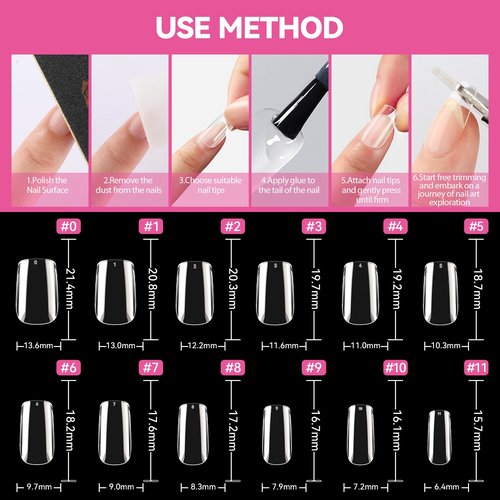 UNA GELLA Short Square Nail Tips 504pcs Square Gel Nail Tips 12 Sizes Full Cover Clear Press On Nails Fake Nails Extension for Home DIY Salon