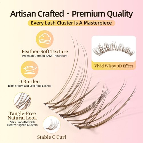 Natural Brown Lash Clusters with 0.05mm Thin Clear Band, Soft Wispy C Curl Lash Extensions, DIY Salon Effect with 8-16mm Lengths,Lightweight for Daily Wear,FayJoo AIRY 12 Brown Lash Only