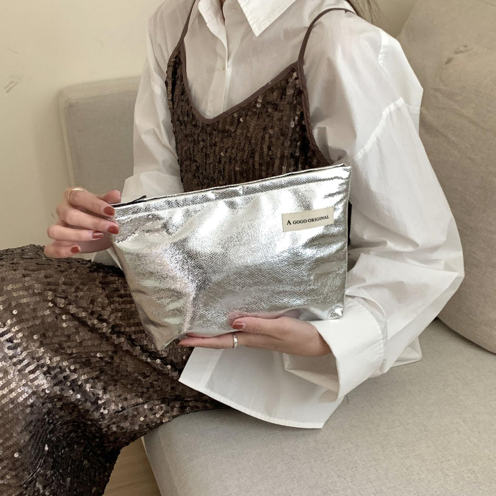 YIGEBIZI 2 Pcs Makeup Bag for Women Large Capacity PU Cosmetic Bag Set Travel Toiletry Bag Silver Glitter Cute Makeup Pouch for Purse Portable Organizer Travel Accessories
