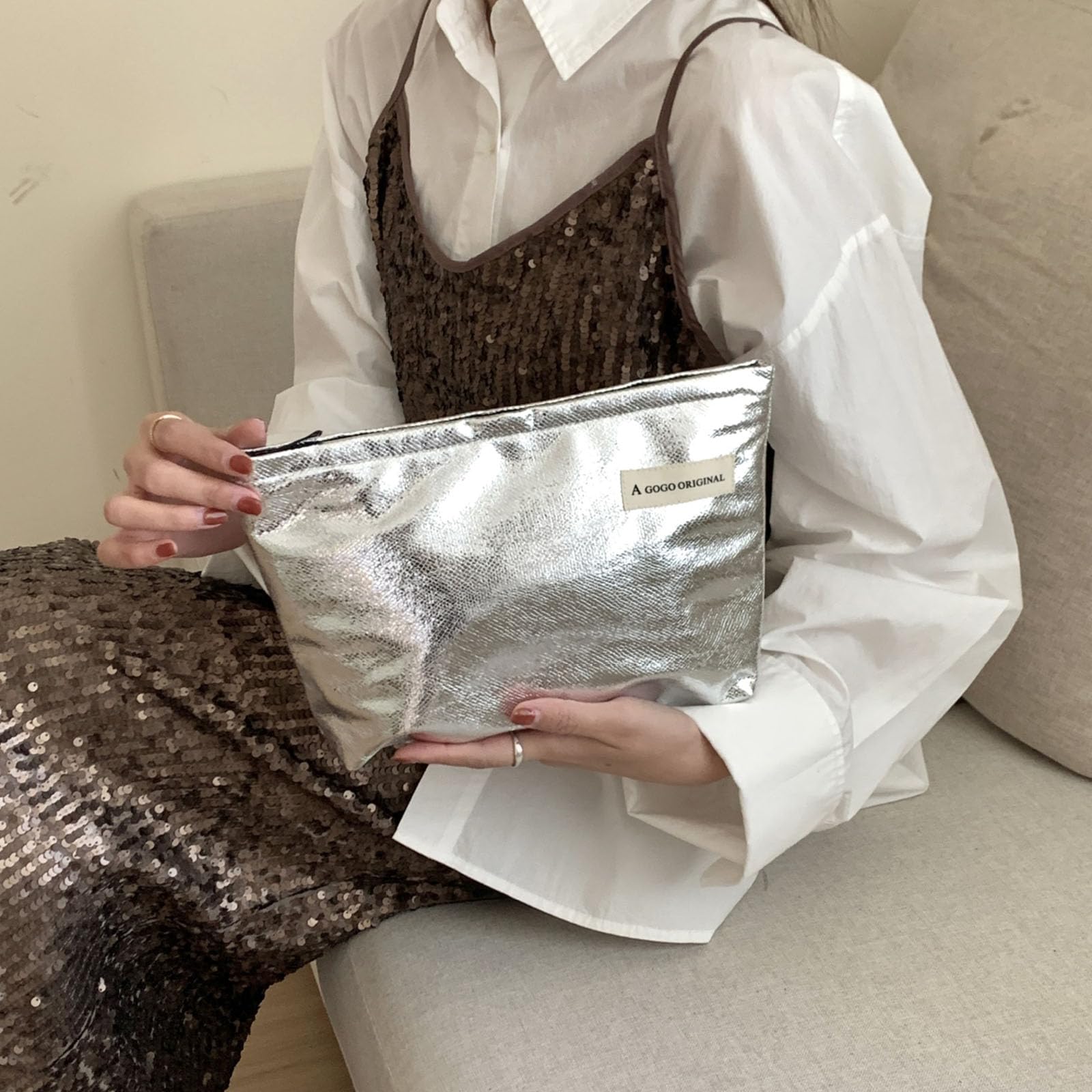YIGEBIZI 2 Pcs Makeup Bag for Women Large Capacity PU Cosmetic Bag Set Travel Toiletry Bag Silver Glitter Cute Makeup Pouch for Purse Portable Organizer Travel Accessories