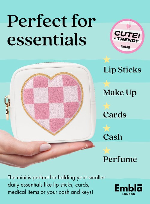 HEART Valentine Makeup Bag Travel Cosmetics Pouch and Toiletry Bag, Nylon Zipper Pouch Purse, Cute Make Up Organizer Storage Tote for Women Girls, Travel Skincare Case, Small Makeup Bags, White