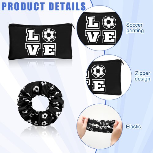 Sweetude 24 Pcs Soccer Gifts 12 Makeup Bag 12 Satin Scrunchies for Girls Portable Cosmetic Travel Bag Elastic Hair Ties Soccer Favors for Women Girls Team Players(Black)