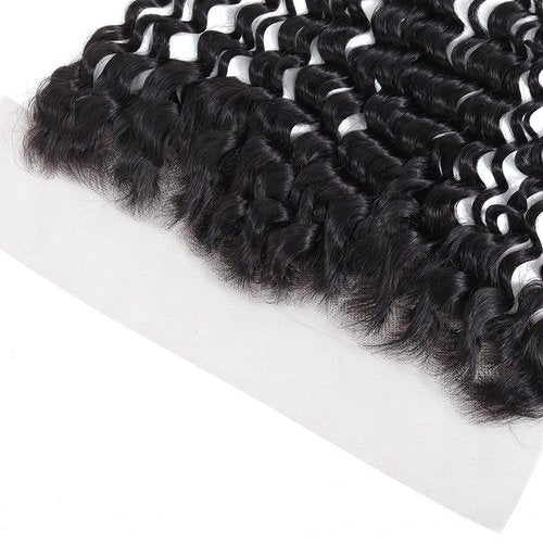 Deep Wave 13x4 Ear to Ear Transparent Lace Frontal Closure - Brazilian Virgin Human Hair Extensions, Deep Curly, Bleached Knots, Pre-Plucked With Baby Hair, Natural Color, 14 Inch