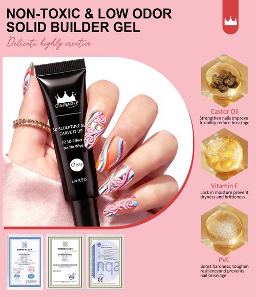 3D Nail Gel and Chrome Nail Powder BISHENGYF - 15g No Wipe 3D Sculpting with Rose Gold Chrome Powder Clear Non-Sticky Sculpting Gel for Home Art DIY