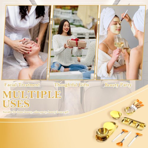 23 Pcs Esthetician Supplies 3 Stainless Steel Gold Mixing Bowls Gold Small Serving Tray 3 Compartment Serving Tray 3 Facial Fan Brushes 3 Face Mask Applicator Brush 12 Facial Sponge Compressed Round