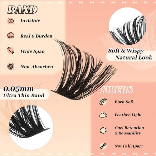 GEMERRY 565Pcs Lash Clusters D Curl Volume Eyelashes Clusters Extensions with Thin Band for DIY at home (30D+40D+50D+60D+80D+100D, 8-16mm)