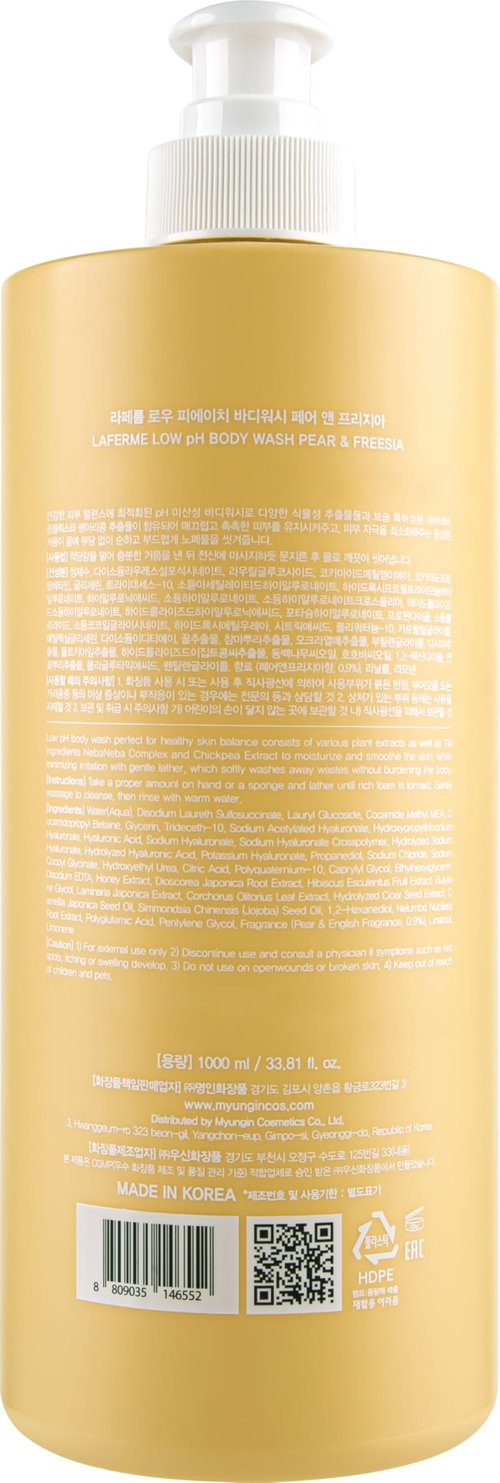 laferme Low pH balanced Gentle Korean Body Wash with Natural & Organic Ingredients, Hypoallergenic for Sensitive Skin, Moisturizing & Hydrating for Dry Skin, For Women & Men, 33 Fl Oz, Pear & Freesia