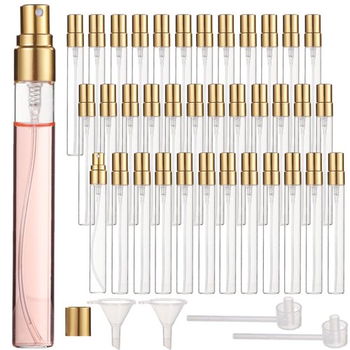 50 Pcs 10 ml Perfume Bottles - Refillable Glass Mini Spray Bottles, Portable Travel Sample Containers, Fine Mist Atomizers with Caps, Includes 2 Funnels and 2 Dispensers, Ideal for Liquids, Gold