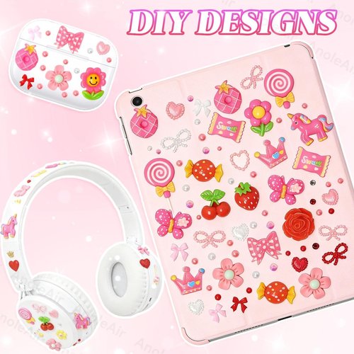 AnoleAir Junk Case Charms Kit, Pink Red Pearls Resin Rhinestones Bedazzling Kit, Cute Candy Bear Cartoon Phone Cases Charms, Junk Case with Big Charm for Crafts Nail Art DIY Accessories