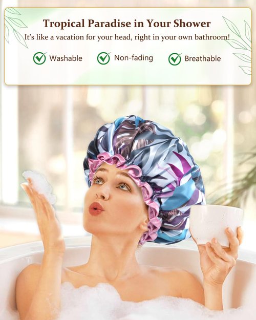 mikimini Large Shower Cap for Women Reusable Waterproof, Hair Cap for Shower with Double Layers, Tropic Style Hair Cover with Elastic Band for Shower suit for Long Hair, Braids