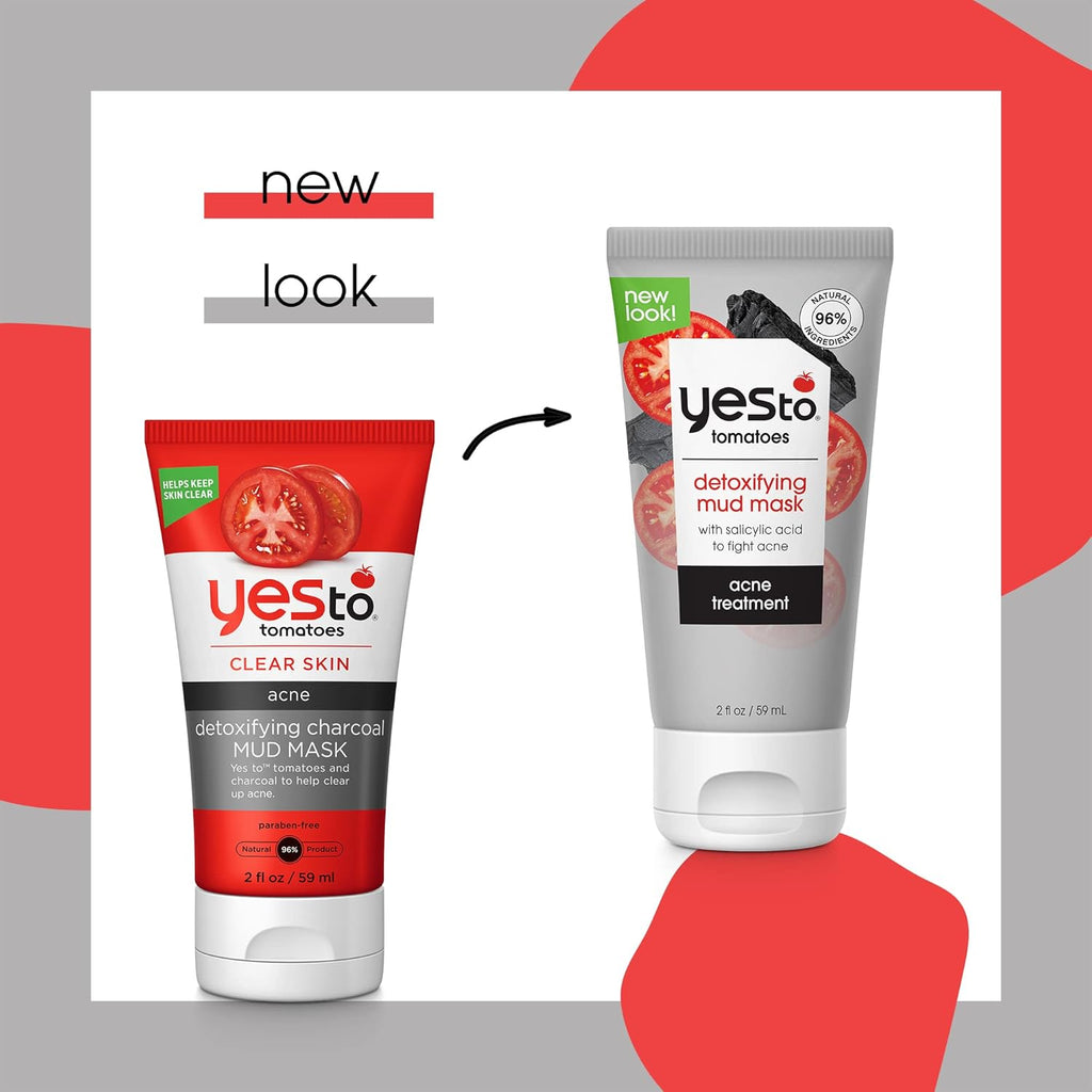 Yes To Tomatoes Charcoal Mud Mask - Detoxify Acne-Prone Skin with Salicylic Acid | 2.006 Fl Oz (Pack of 2)