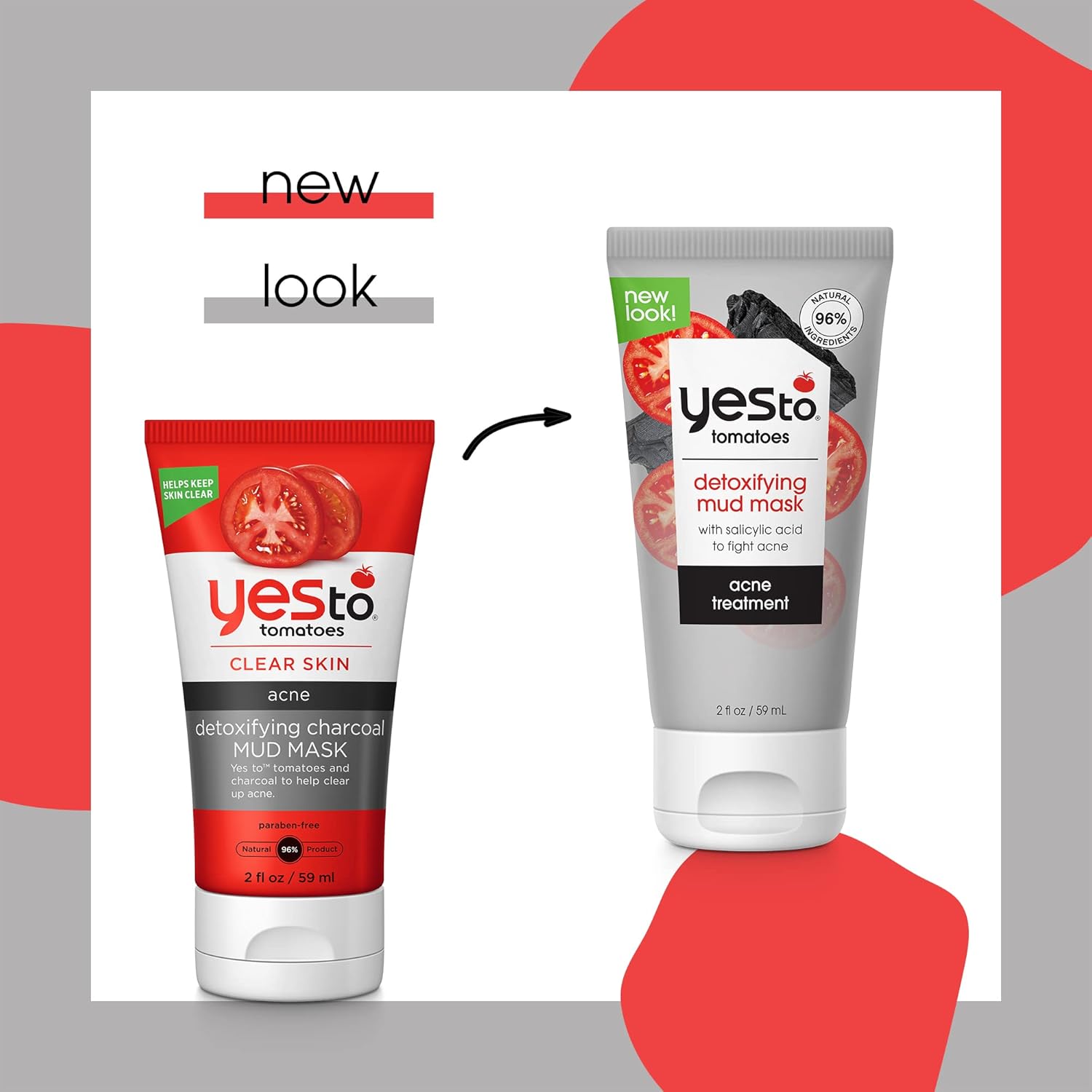 Yes To Tomatoes Charcoal Mud Mask - Detoxify Acne-Prone Skin with Salicylic Acid | 2.006 Fl Oz (Pack of 2)