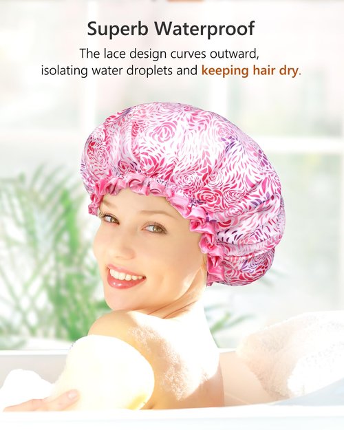 mikimini Medium Shower Cap for Women,Romantic Petal Design, Double Layer Waterproof, Reusable, Washable, High-quality, Floral Print