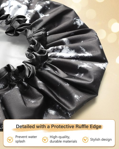 mikimini Large Shower Cap for Women Men Reusable Waterproof, Double Layer Adjustable Hair Cap with Elastic Band for Long Hair & Braids - Classic Black and White Design