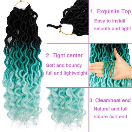 Ouyafei 5Pack Wavy Faux Locs Braids Crochet Hair 20inch Ombre Green Braiding Hair Goddess Locs with Curly Ends Synthetic Twist Crochet Hair Extensions (1B/Green/Light Green#,500g/Lot)