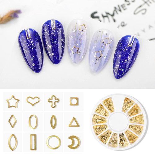 DANNEASY 6 Boxes Gold Nail Charms for Acrylic Nails Metal Hollow Nail Studs Heart Moon Star Cross Nail Art Charms Nail Jewels Charms for Nails 3d Nail Art Decoration