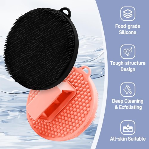 GEENOA Silicone Body Scrubber 2PCS, Hygienic Silicone Loofah with Waved Bristles and Non-Slip Handle, Durable Body Buffer Shower Scrubber for Gentle Exfoliating & Lathering(Black+Pink)