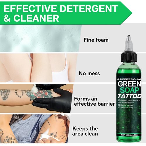 Green Soap Tattoo Concentrated 4OZ with Foaming Bottle 120ml, Tattoo Soap Supplies for Piercings and Clean Skin, Effective & Gentle (Green)