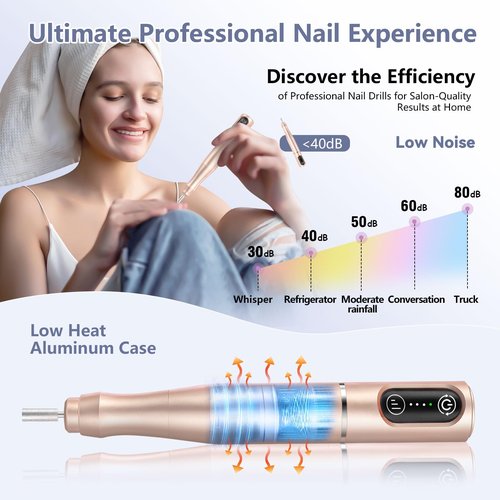 TUOBEO Cordless Nail Drill Electric Rechargeable File Kit, Professional Efile Acrylic Gel Nail Polish Remover Pedicure Manicure Machine Portable Set with 11 Bits 56 Sanding Bands for Salon Home Gold