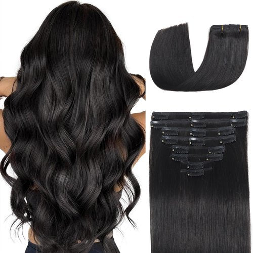 Clip in Hair Extensions Real Human Hair 16 inch 90g/3.2oz Straight Seamless Invisible Human hair Extensions Clip ins for Women Double Weft 8pcs #1B-Natural Black