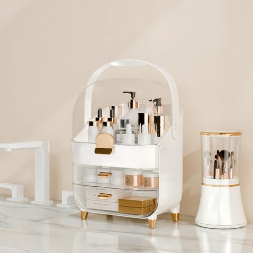 Makeup Organizer Countertop With Lid And Drawers Large Skin Care Cosmetic Display Case Holder for Vanity Desk Bathroom Storage Box Gift for Women Teens Girls,White With Brush Holder
