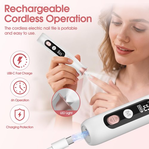 Haootadiy Electric Nail Drill File, Cordless Electric Nail Filer Buffer with Nail Drill Bits Sanding Bands Professional Manicure Pedicure Set for Nail Grind Trim Polish, for Women & Men