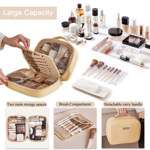 BAKLUCK Travel Makeup Bag Large Capacity Cosmetic Bags with Compartment Open Flat Make up Organizer Waterproof Leather for Women,Yellow