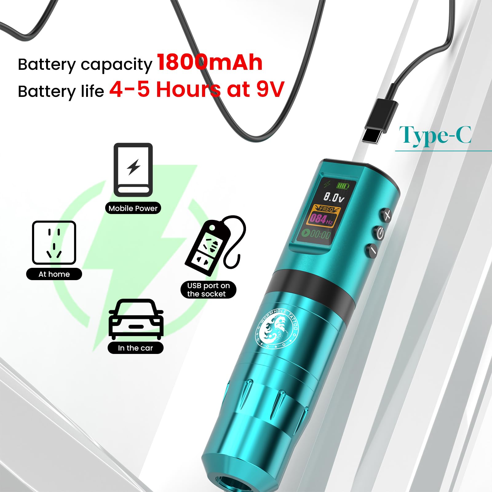 Wormhole Tattoo Kit Wireless Tattoo Machine Kit with Digital Led Display, 2,100 mAh Tattoo Power Supply, Tattoo Pen, Tattoo Cartridge Needles, WTK277, Blue