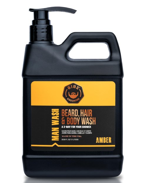 GIBS Grooming Amber 3 in 1 Body Wash For Men, Beard & Hair Moisturizing and Cleansing Liquid Body Wash Liter - Sulfate and Paraben Free