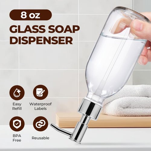 Homepicker 8 oz Clear Glass Pump Bottle, 250ml Small Lotion Dispenser Bottle for Body Massage Oil, Refillable Empty Hand and Dish Soap Dispensers Set with Plastic Silver Pump, Labels - 2 Pack