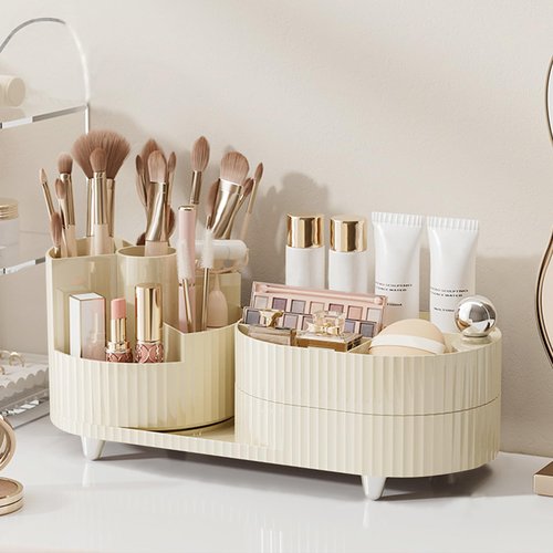 DASITON Makeup Organizer Countertop, 360° Rotating Makeup Brush Holder Organizer, Large Capacity Cosmetic Display Case with Drawers, Makeup Storage Organizer for Vanity, Desktop, Bathroom (Cream 01)